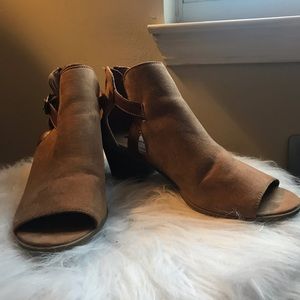 Brown Suede Peep Toe Booties With Cutout Detail